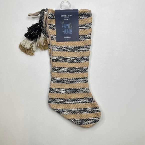 2 Artisan NY Home Burlap Jute Blue Silver Christmas Stockings Tassels Stripe 22"